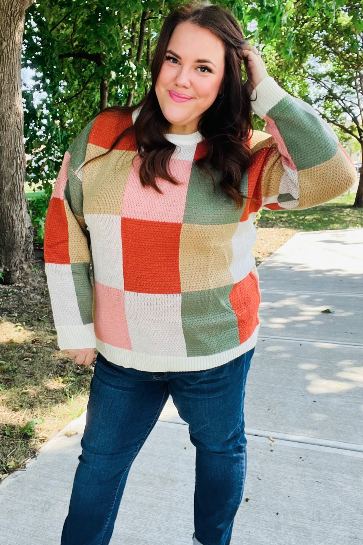 Maxct &Be Bold Ivory & Rust Checker Jacquard Knit Sweater