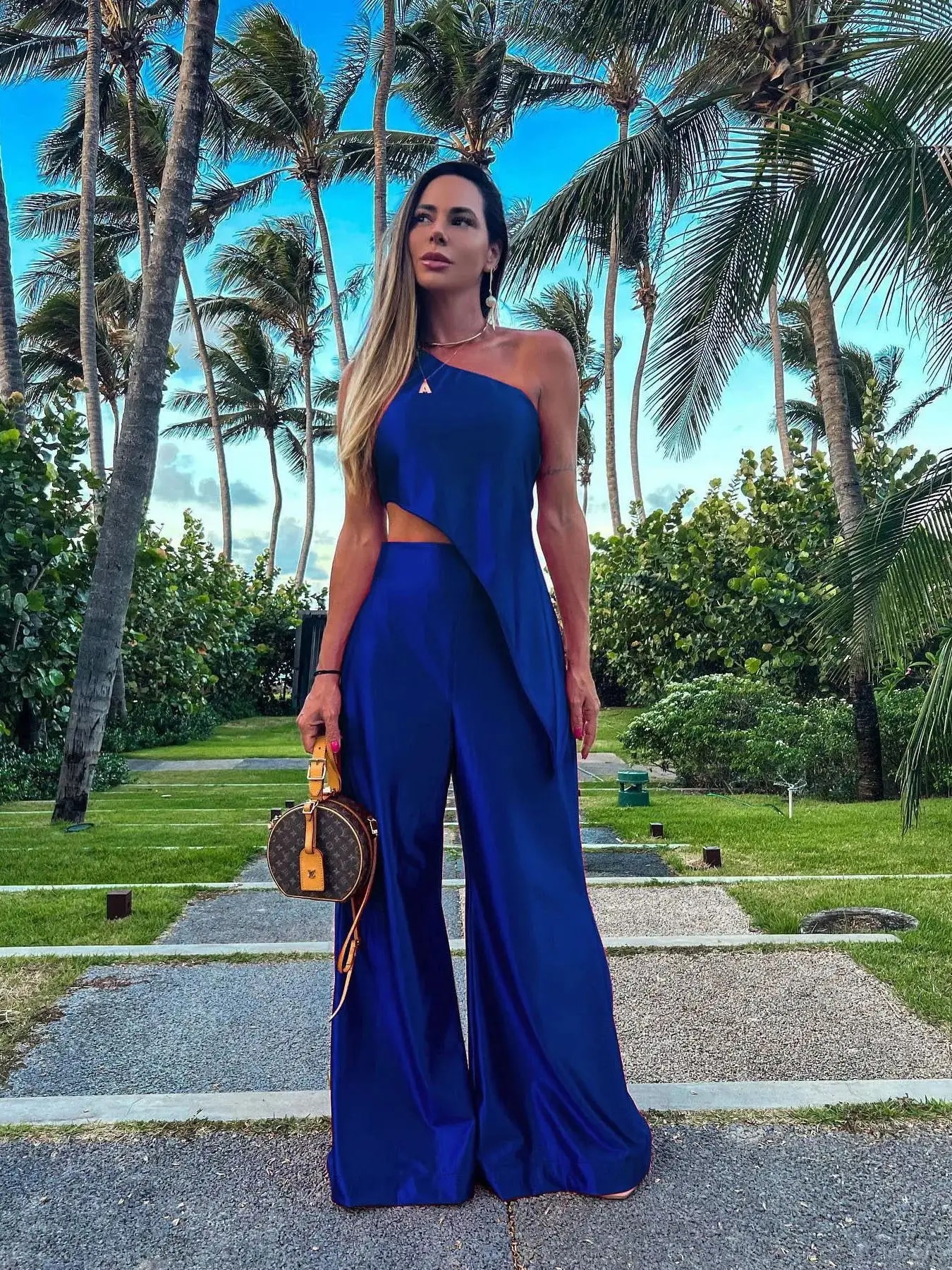 Maxct Solid Female Pant Two piece Set Skew Collar Sleeveless Top High Waist Wide Leg Pants Suit Elegant Evening Party Women Set