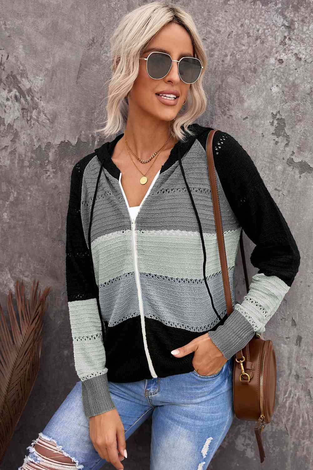 Maxct &Zip-Up Raglan Sleeve Openwork Hooded Cardigan - Image 11