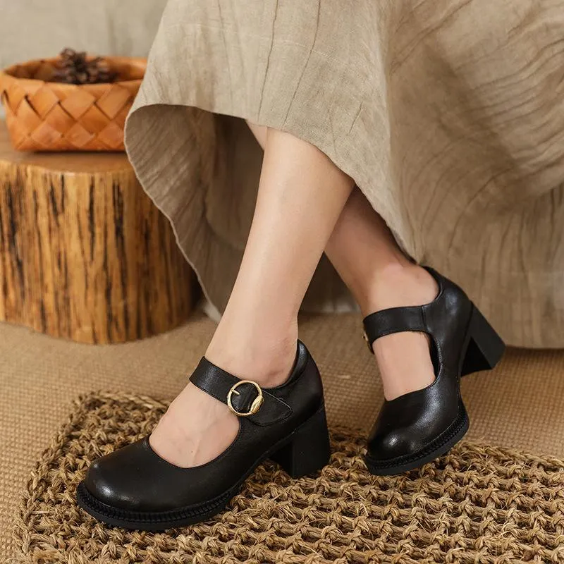 Handmade Pumps Mary Jane Heels Sandalss Round Toe  Retro Velcro Sandals Black/Brown Maxct