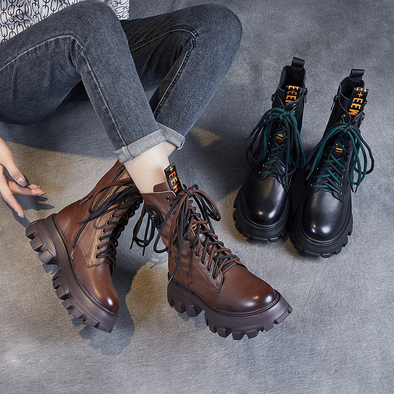 Retro Classic Chunky Heel Leather Mid-Calf Boots for women