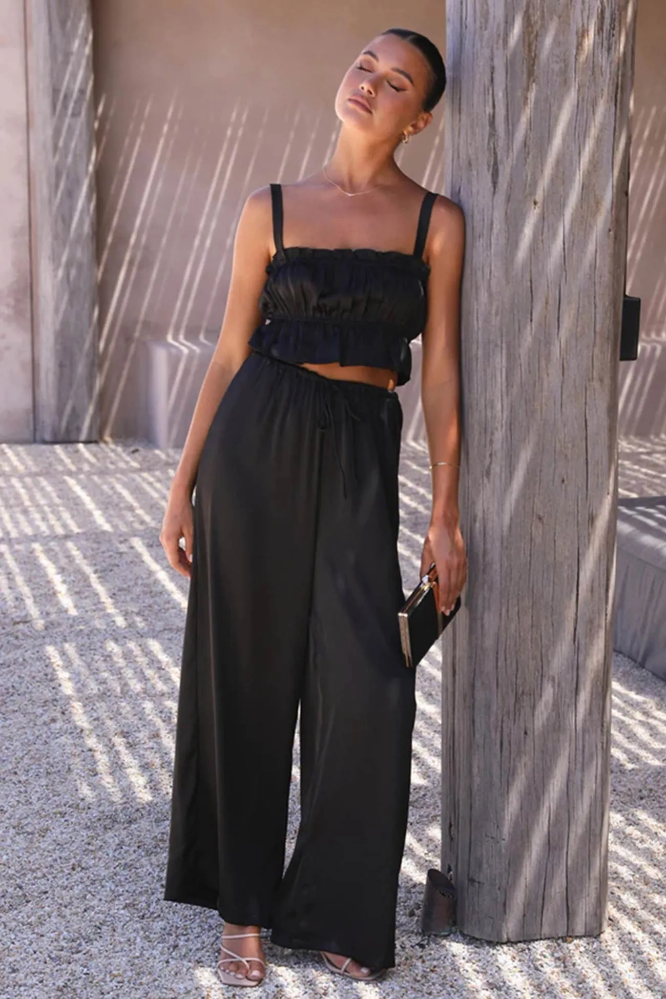 Maxct Smocked Ruffle Cami Crop Top Wide Leg Long Pants Set