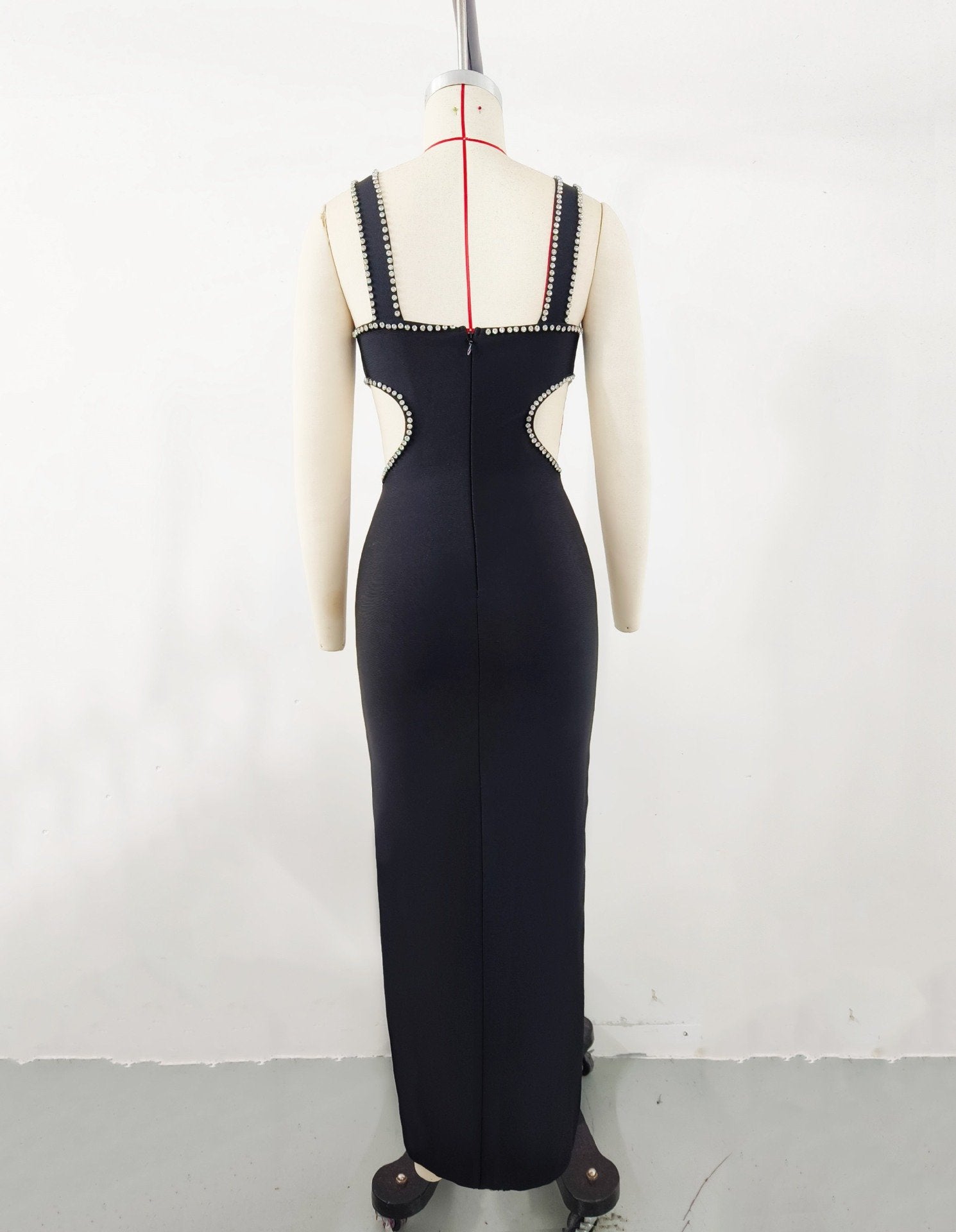 Maxct 2023 Super Hot Summer Women's Wear Black Rhinestone Hollow Strap Long Dress