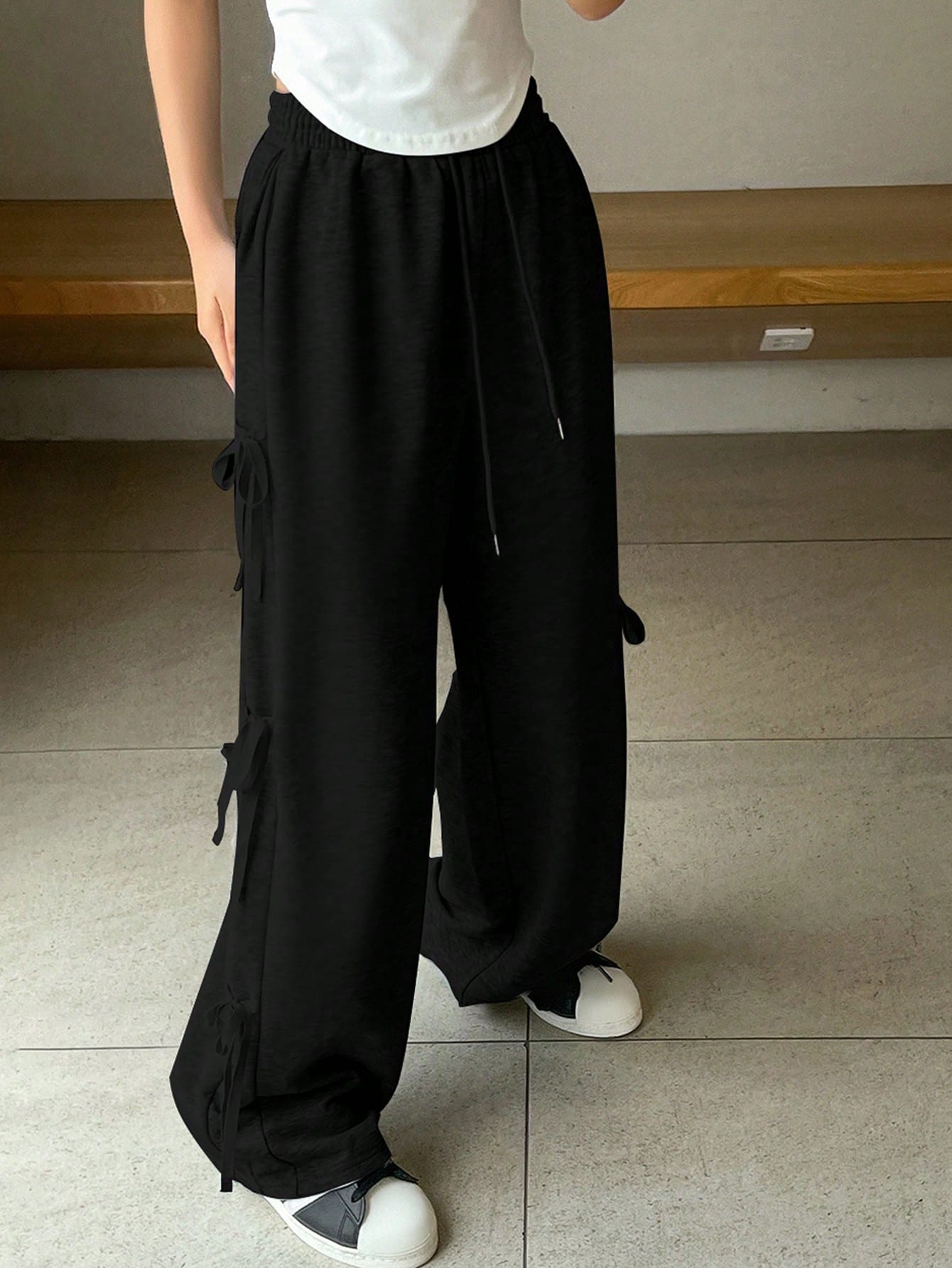 Maxct Women's Loose Casual Solid Color Drawstring Waist Jogger Pants With Bow Decor