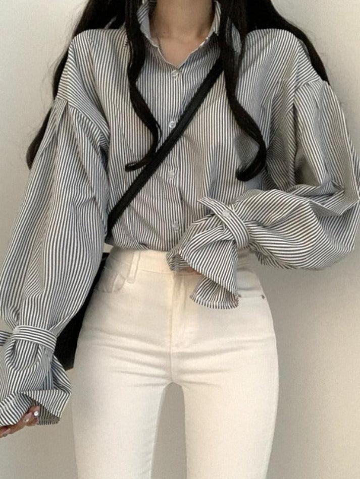 Maxct Stripe Lantern Sleeve Long Sleeve Blouse