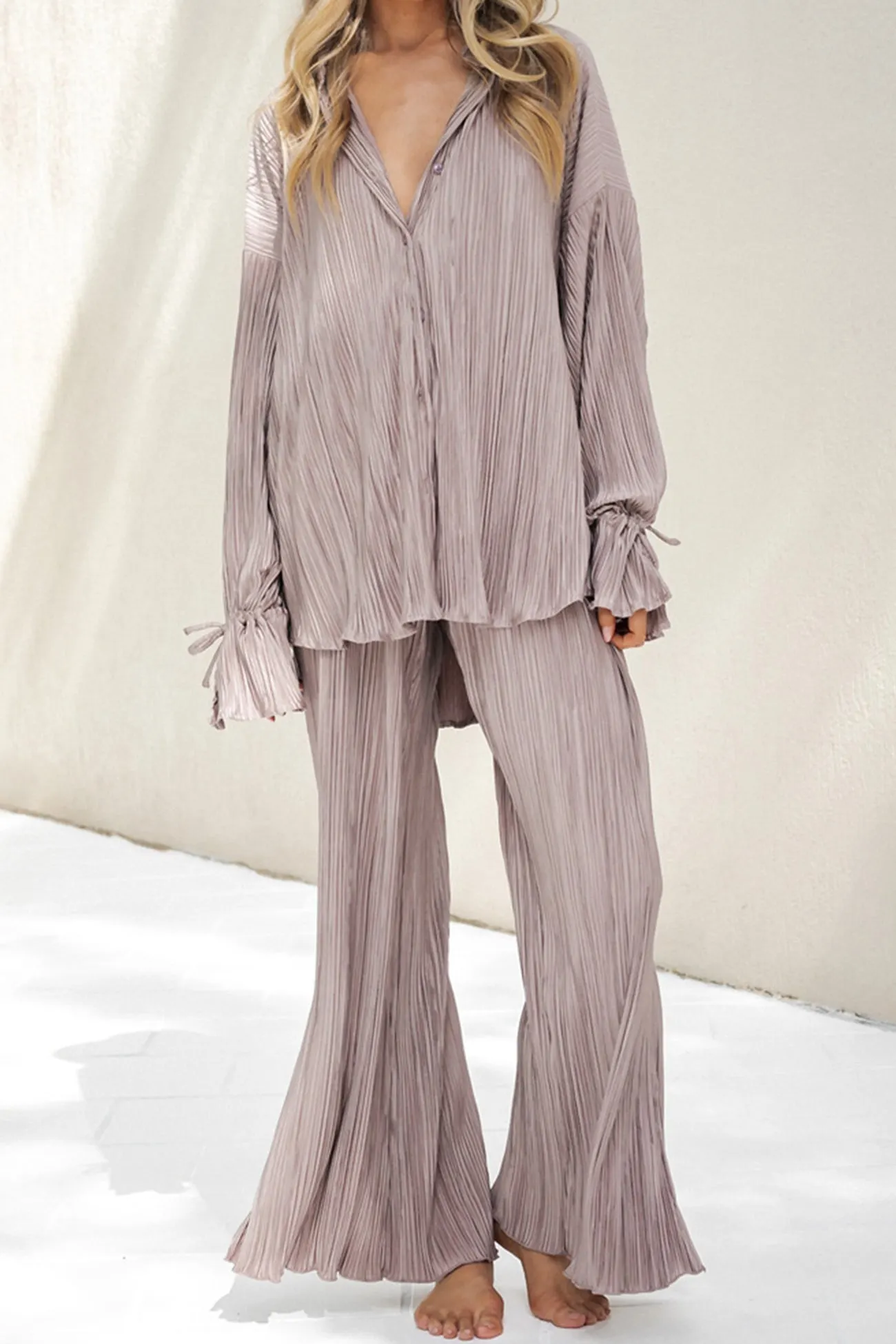 Maxct Pleated Blouse Slit Long Pants Set