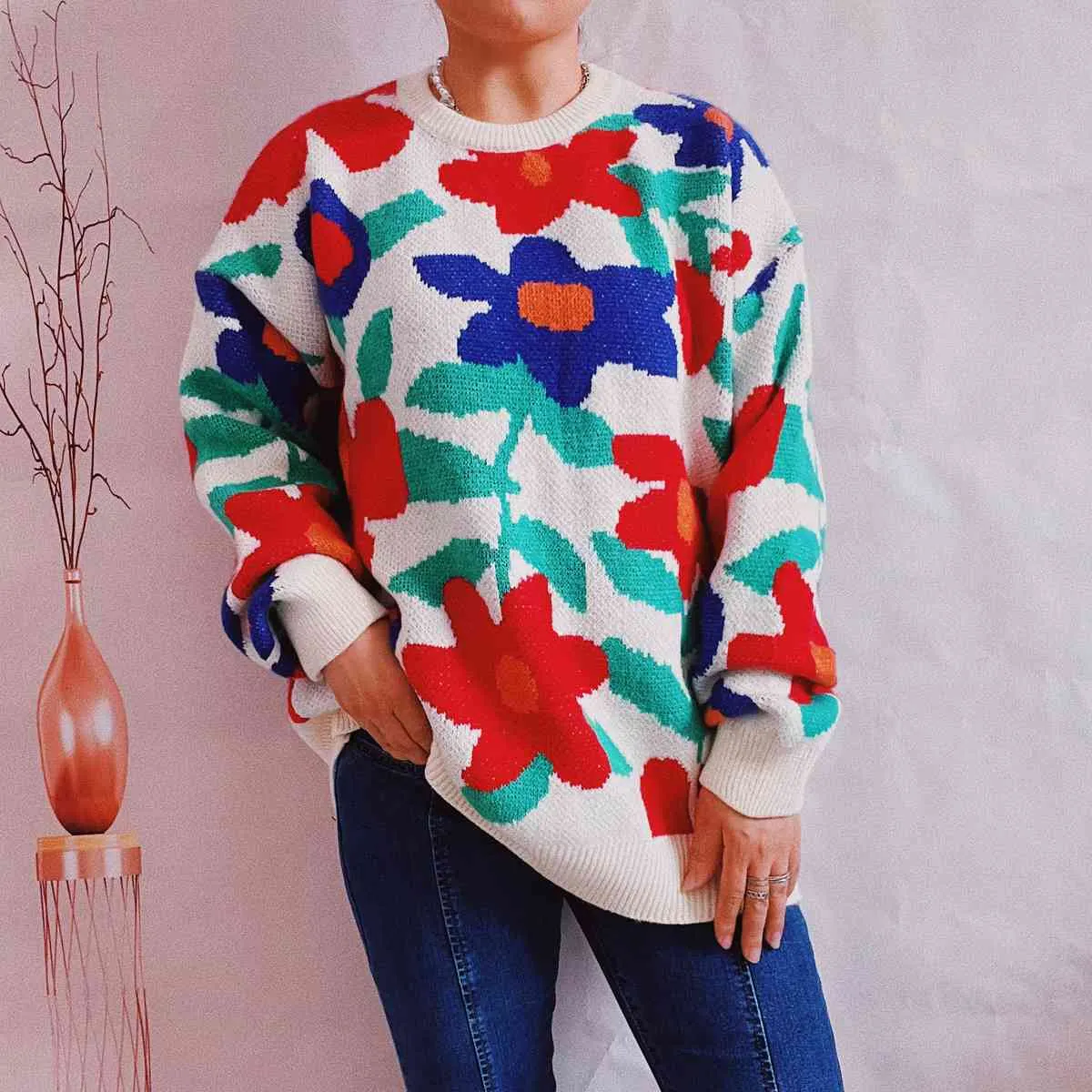 Maxct &Floral Print Round Neck Drop Shoulder Sweater