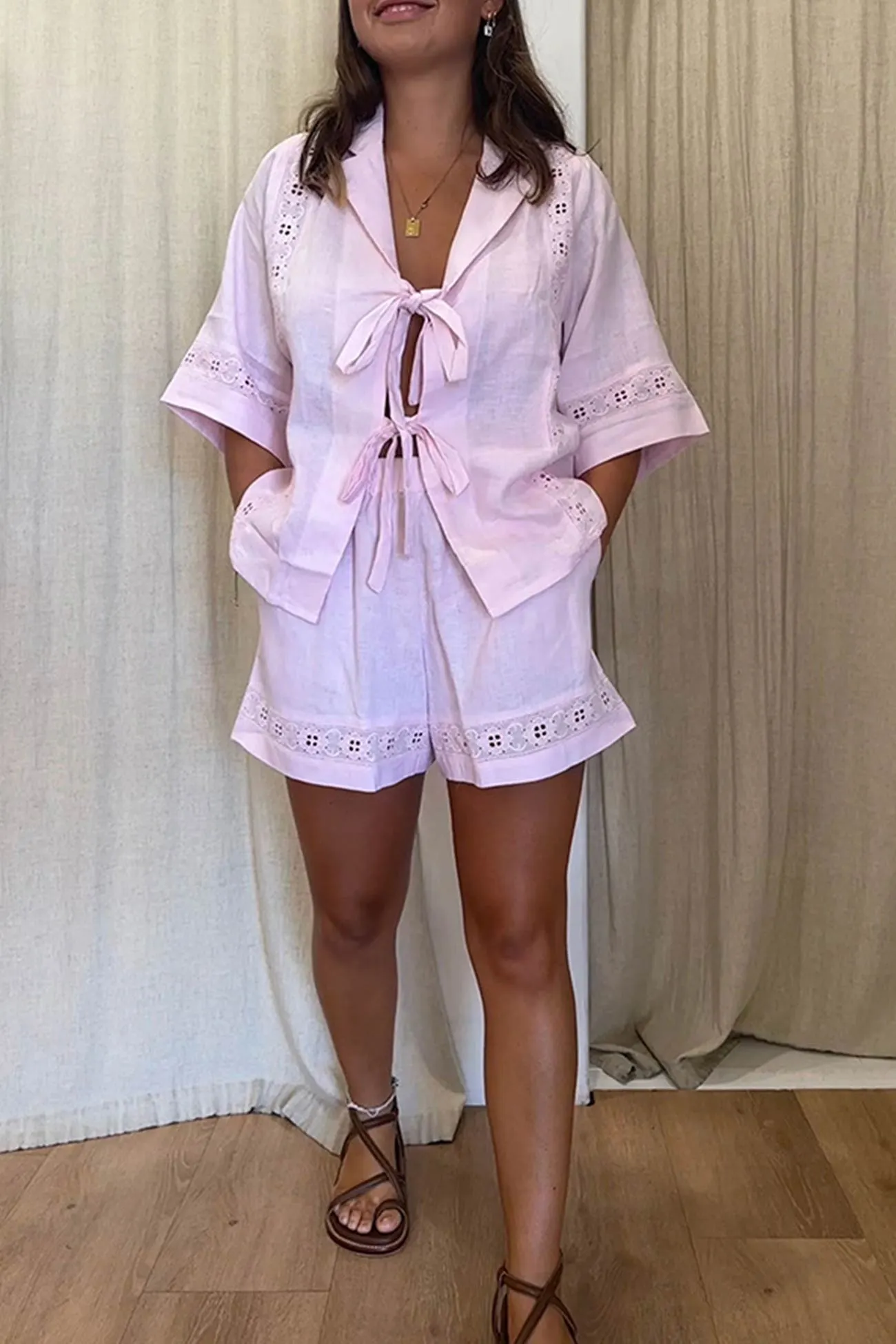 Maxct Tie-up Jacquard Hollow Out Shirt Shorts Suits
