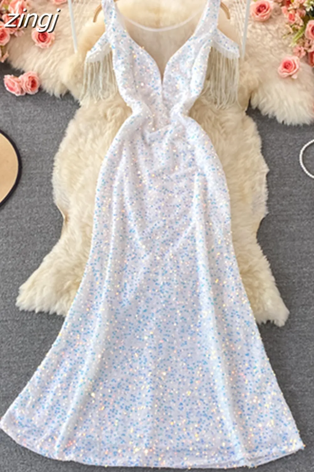 Maxct Sequins Party Maxi Dress For Women Sexy V-Neck Short Sleeve High Waist Tassel Long Robe Female Elegant Vestidos