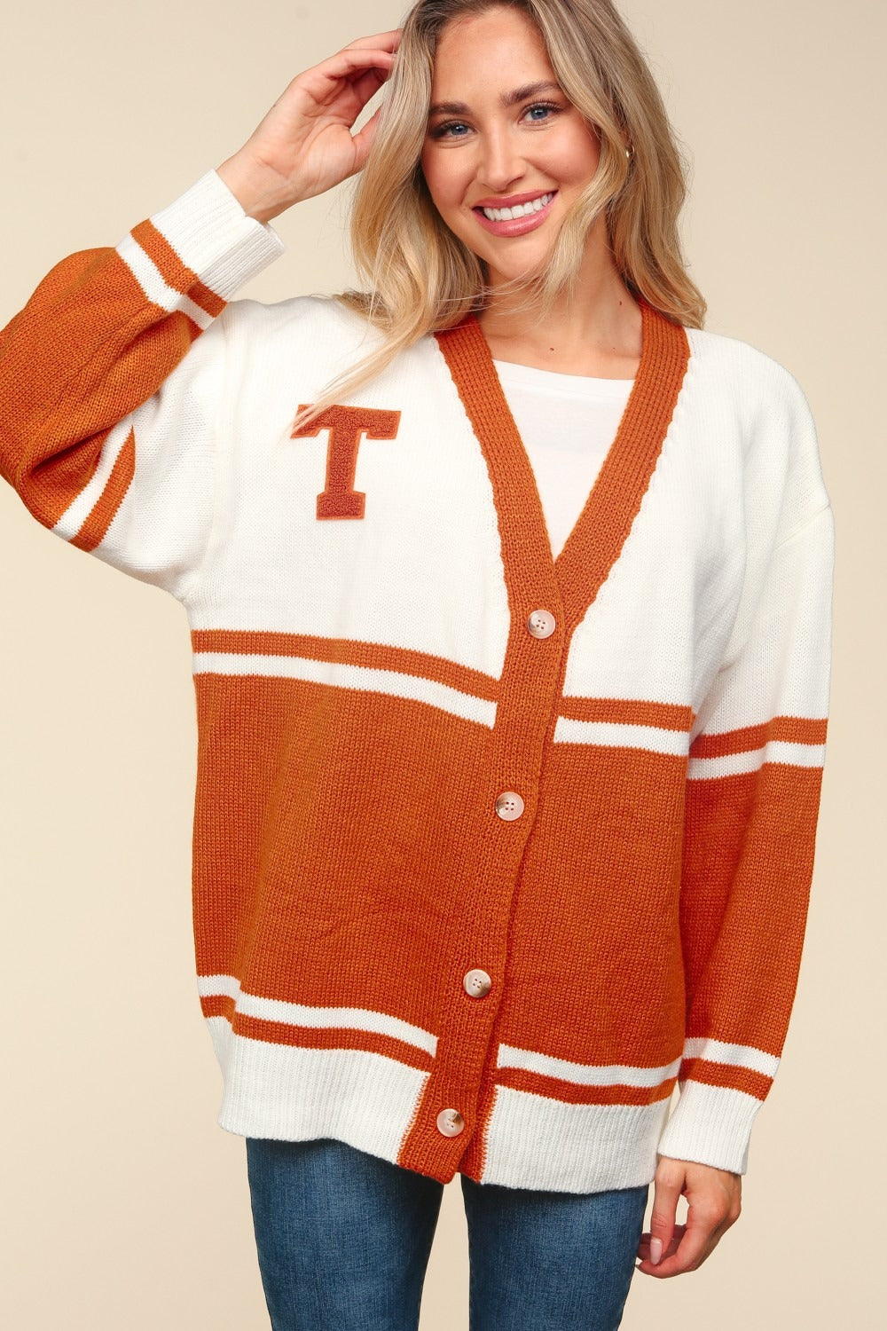 Maxct &Haptics Full Size V Neck Button Down Letter Patch Cardigan