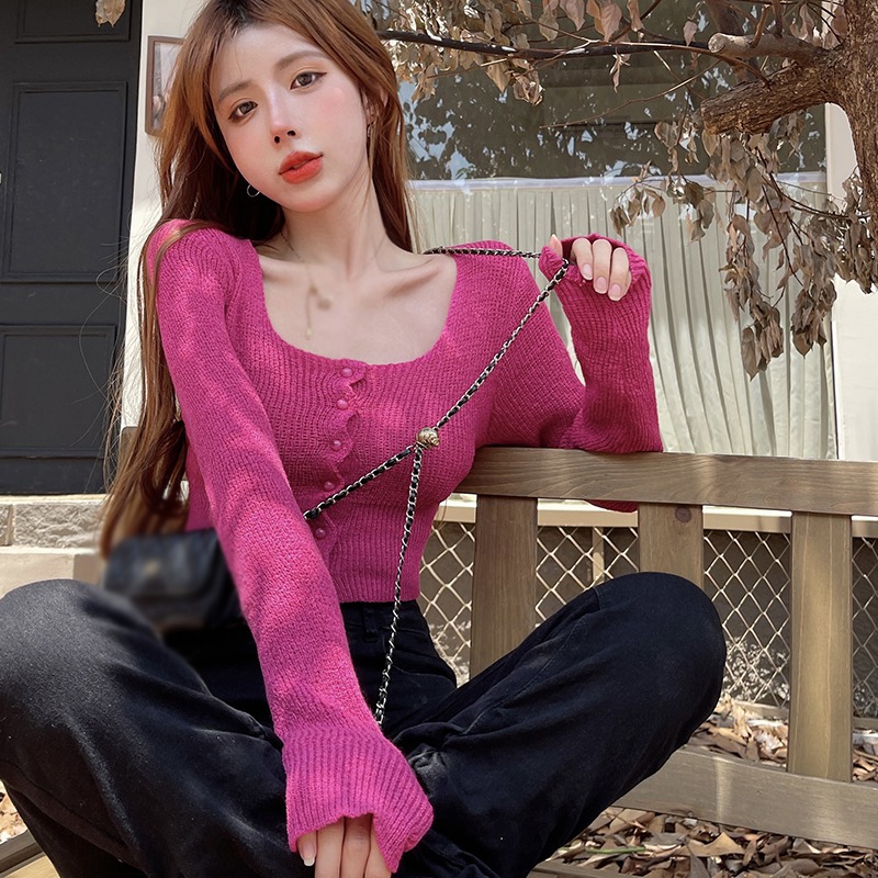 Maxct Long Sleeve Square Neck Solid Color Short Top Knitted Air Conditioning Shirt Women's Sweater