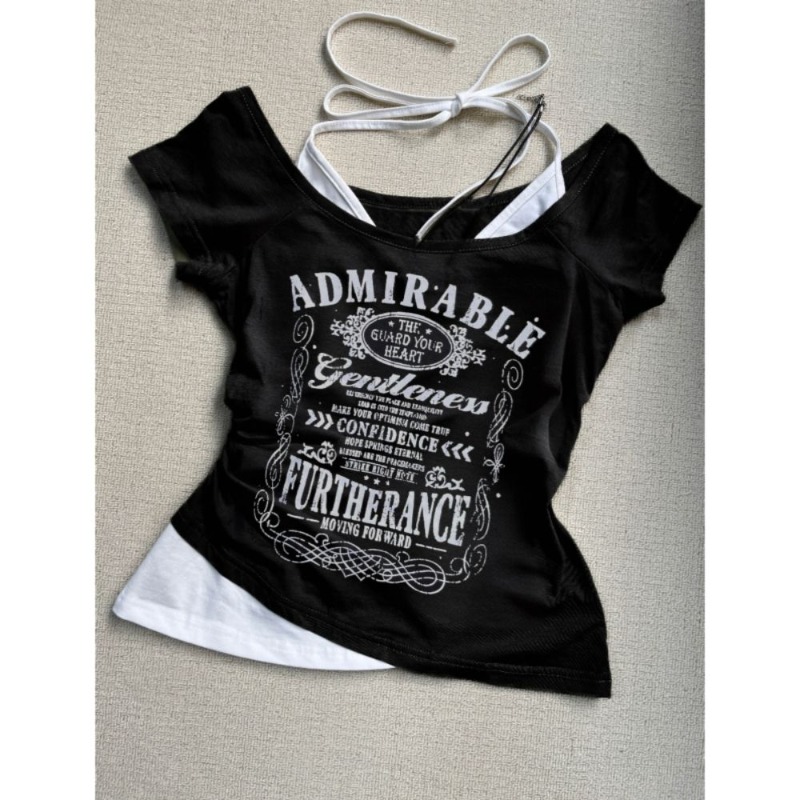 Maxct American Black Fake Two-piece Halter Neck Letter Print T-shirt Fashion Street Hot Girl Sexy Slim Off Shoulder Millennium Y2K Top