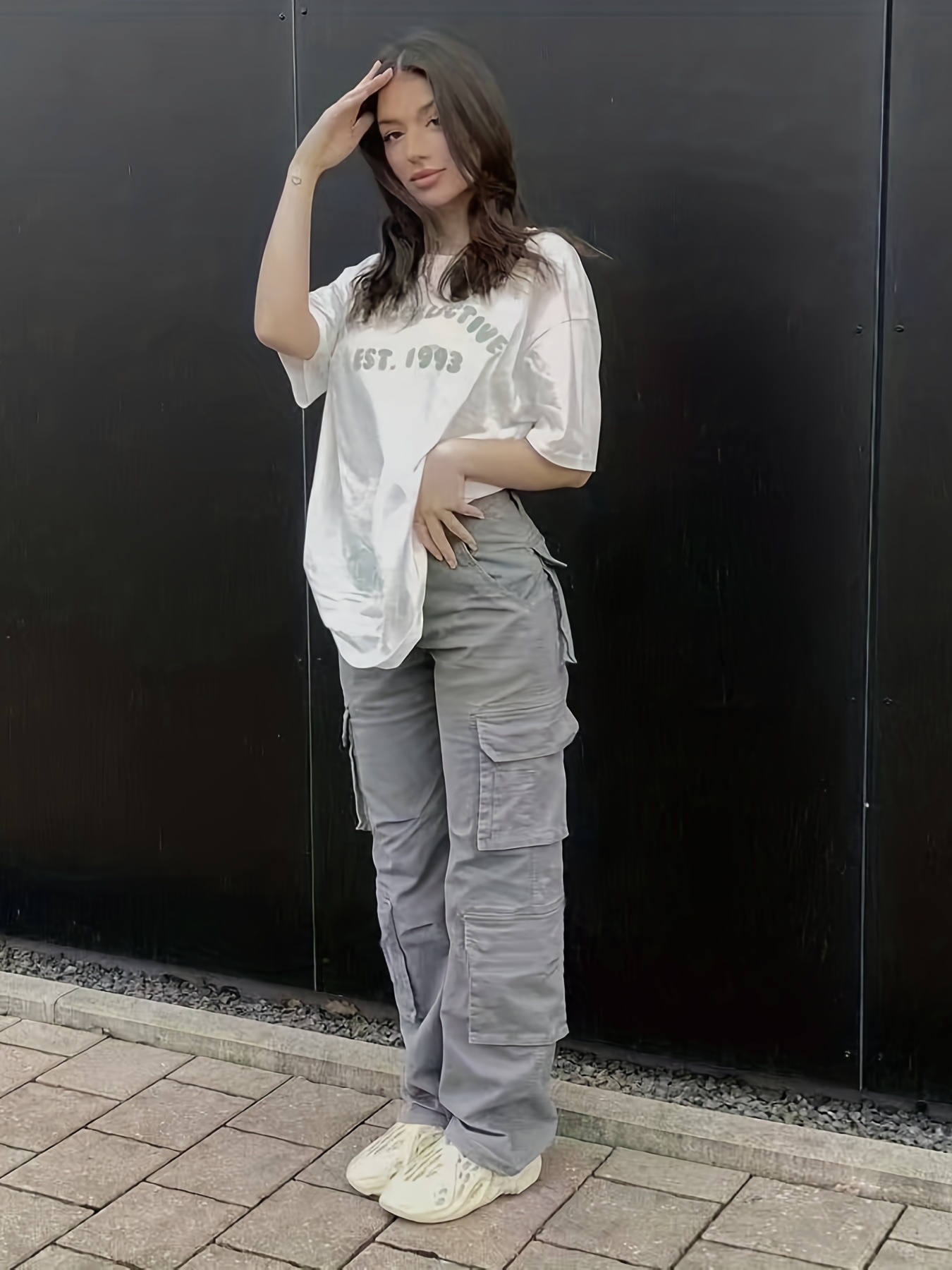 Plain High Rise Cargo Denim Pants, Loose Solid Color Retro Cargo Jeans, Street Casual Style, Women's Denim Jeans & Clothing