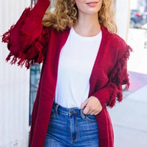 Maxct &Beautiful You Burgundy Fringe Detail Knit Cardigan