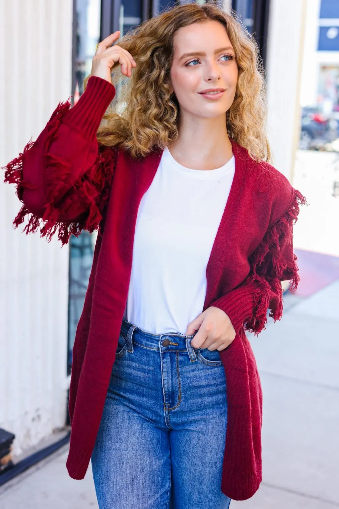 Maxct &Beautiful You Burgundy Fringe Detail Knit Cardigan