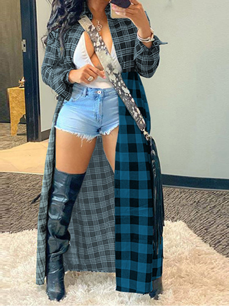 Plaid Turndown Collar Dresses Coat Maxct