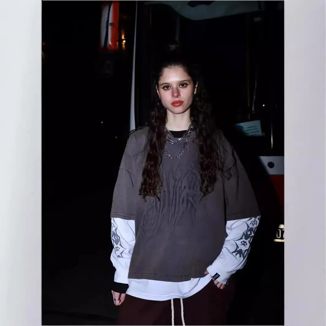 Maxct Y2k Long Sleeved T-Shirt Oversized Sweatshirt Vintage Anime Striped Printed Pattern Clothes Streetwear Hip-Hop Rap Gothic Style