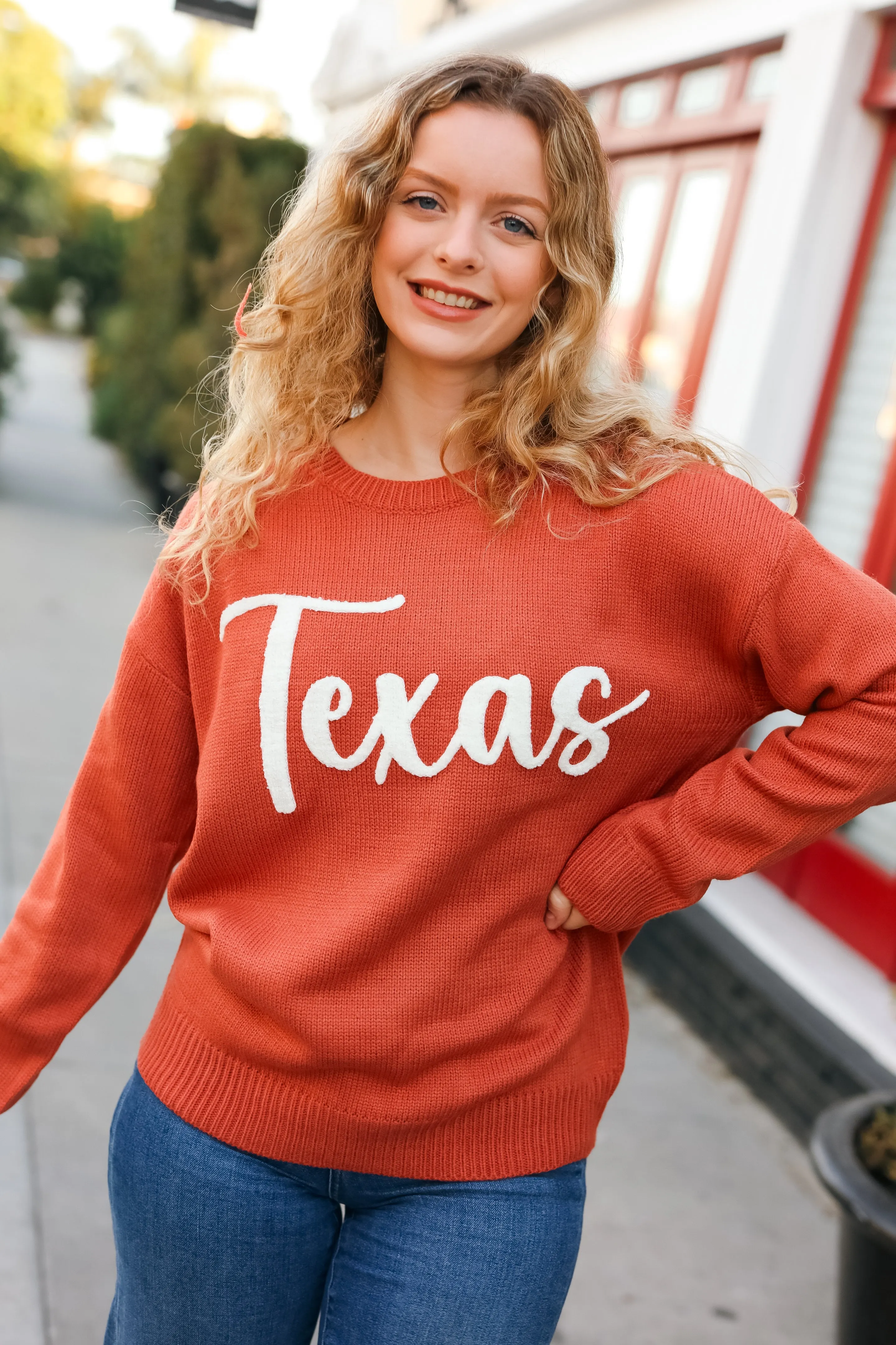 Maxct &Game Day Burnt Orange "Texas" Embroidery Pop Up Sweater