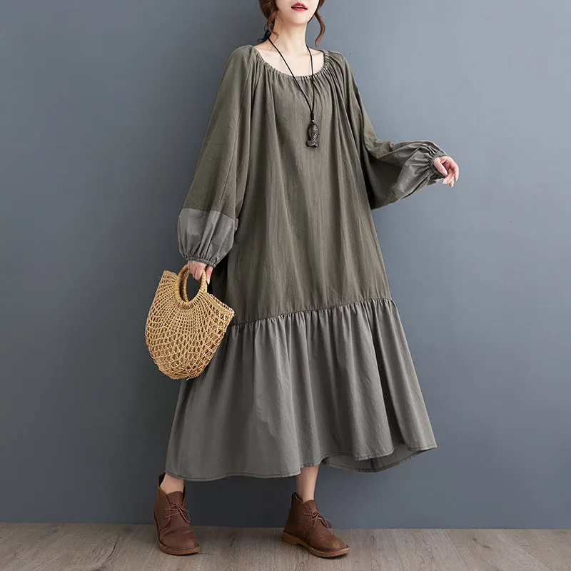 Green Ruffled Drawstring Lantern Sleeves Cotton Linen Dresses