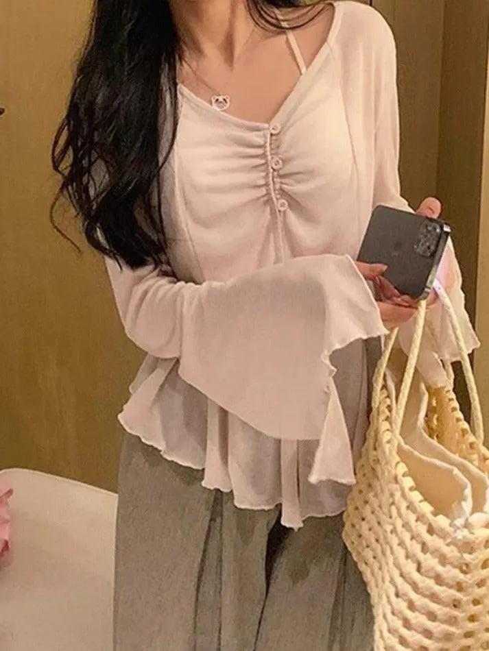 Maxct V Neck Split Flare Sleeve Long Sleeve Blouse