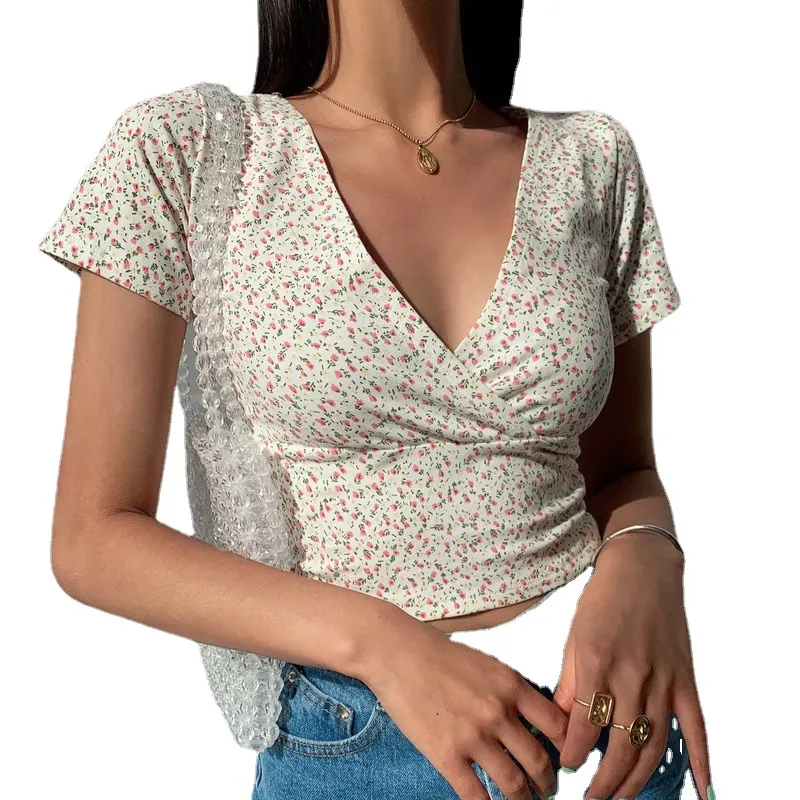 Maxct French retro floral V-neck short-sleeved T-shirt Slim slimming wild high waist T-shirt women's top