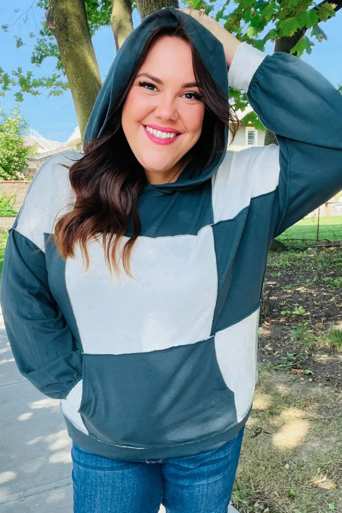 Maxct &Adorable In Hunter Green Color Block Check Print Terry Hoodie