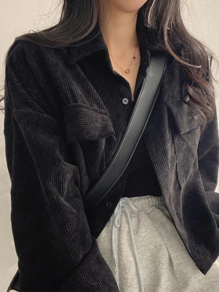 Maxct Vintage Corduroy Lapel Neck Button Long Sleeve Blouse