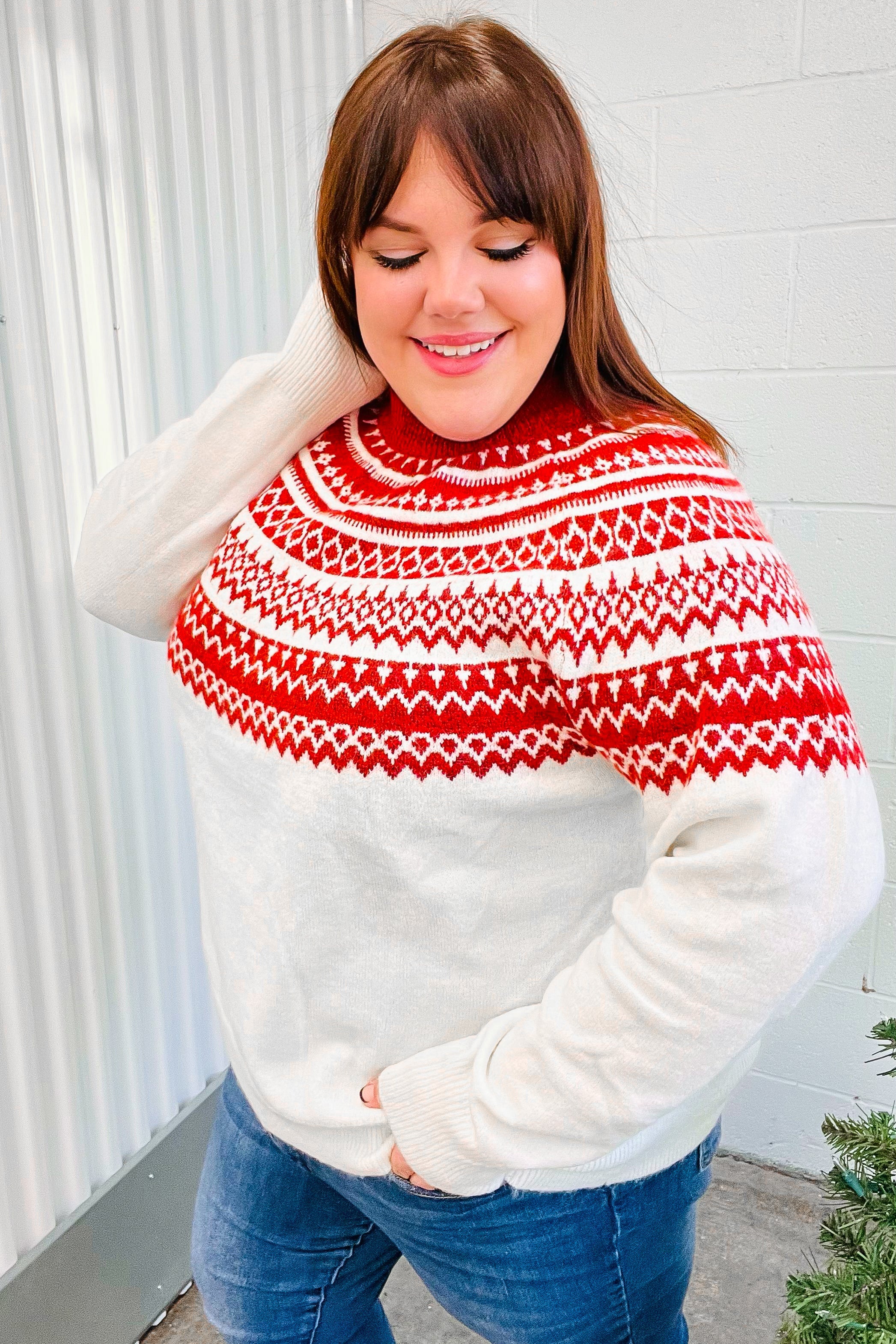 Maxct &Feeling Festive Ivory & Red Fair Isle Mock Neck Sweater