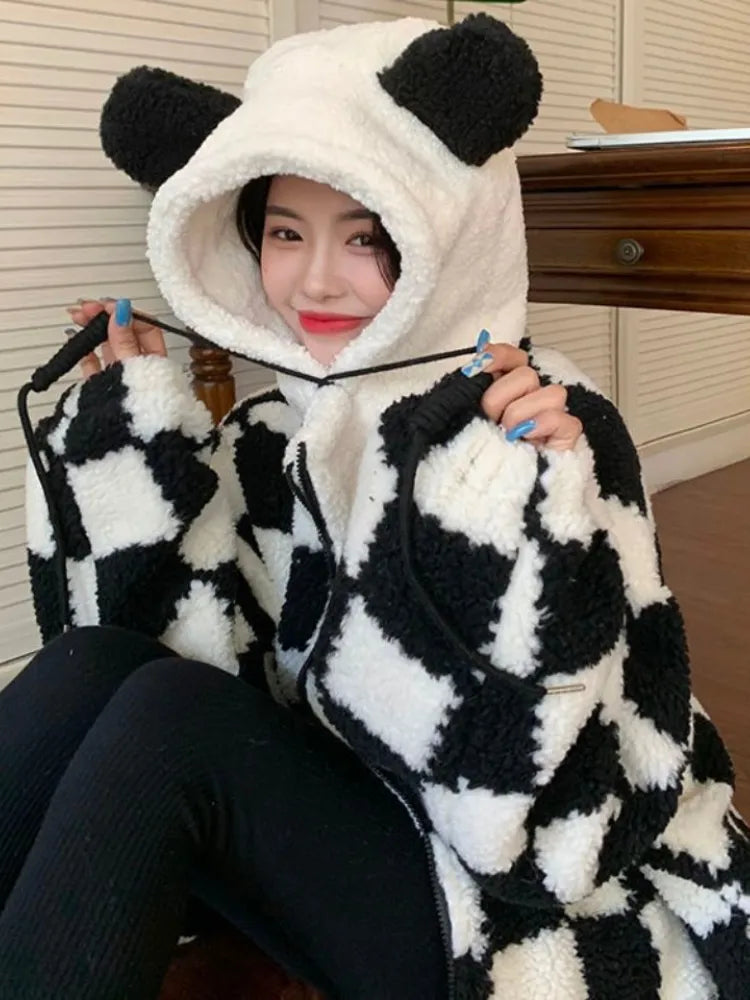 Checkered Cozy Bear Ears Zip-Up Hoodie for Women Maxct