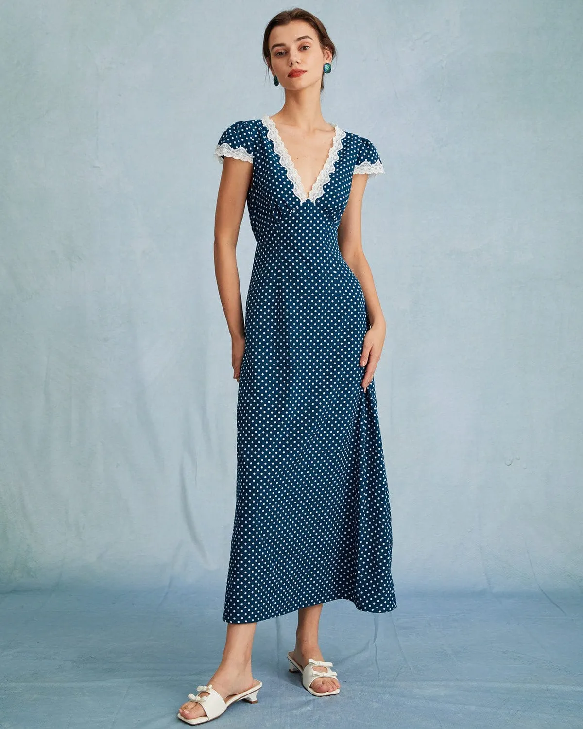 Maxct The Navy V Neck Polka Dot Lace Ruched Maxi Dress