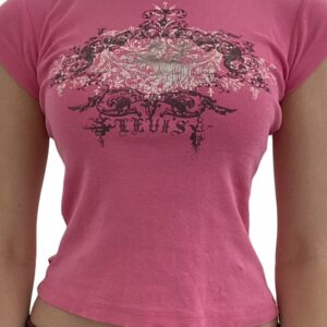 Maxct Womens Casual Short Sleeve T-shirt Vintage Printing Round Neck Exposed Navel Slim Fit Tops