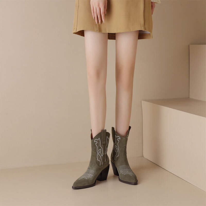 Suede Western Boots Mid Calf Contrast-stitching Cowboy Boots Maxct