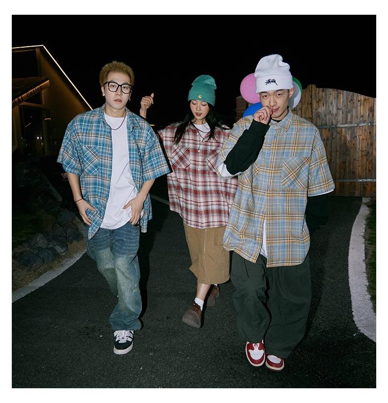 Maxct 90s Streetwear Japanese Niche Plaid Short-sleeved Shirt Men's Summer New Loose Trendy Brand All-match Shirt Couple's Coat Top