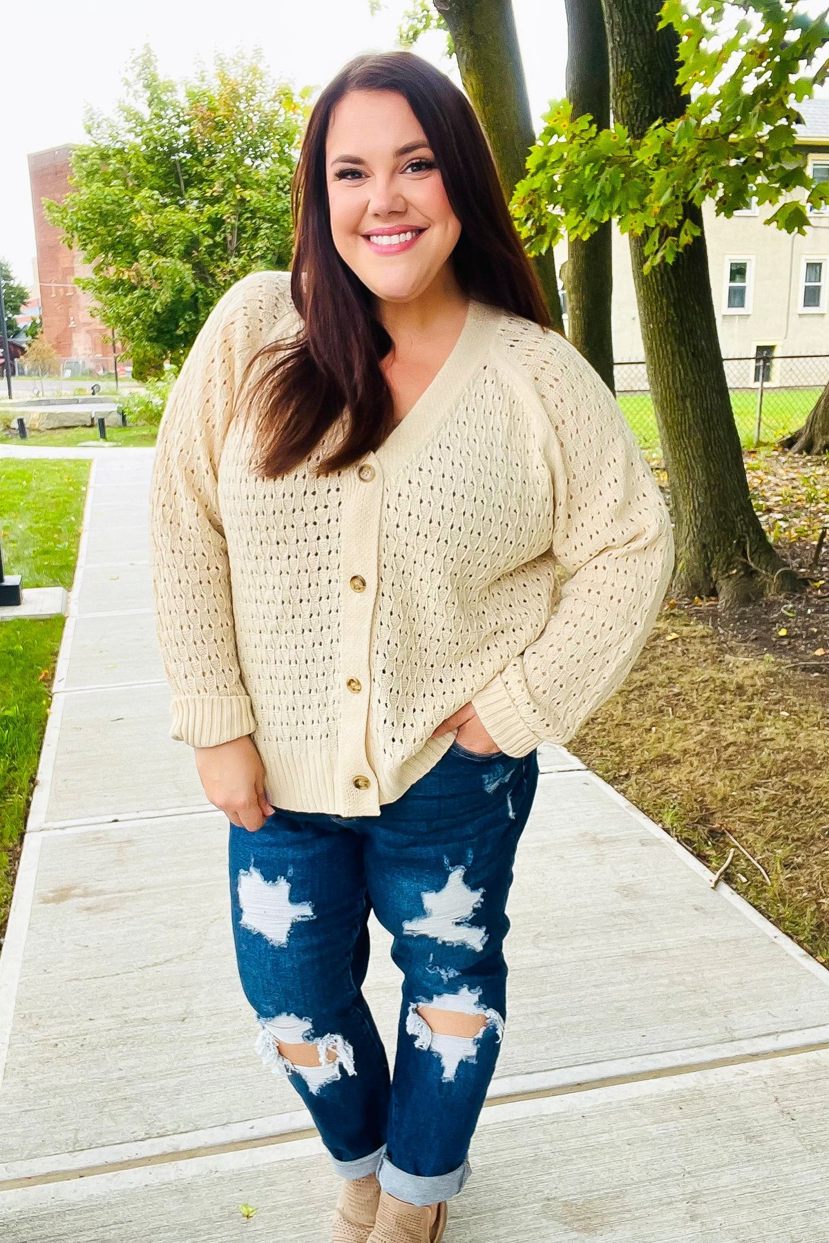 Maxct &Follow Me Oatmeal Pointelle Knit Button Down Cardigan
