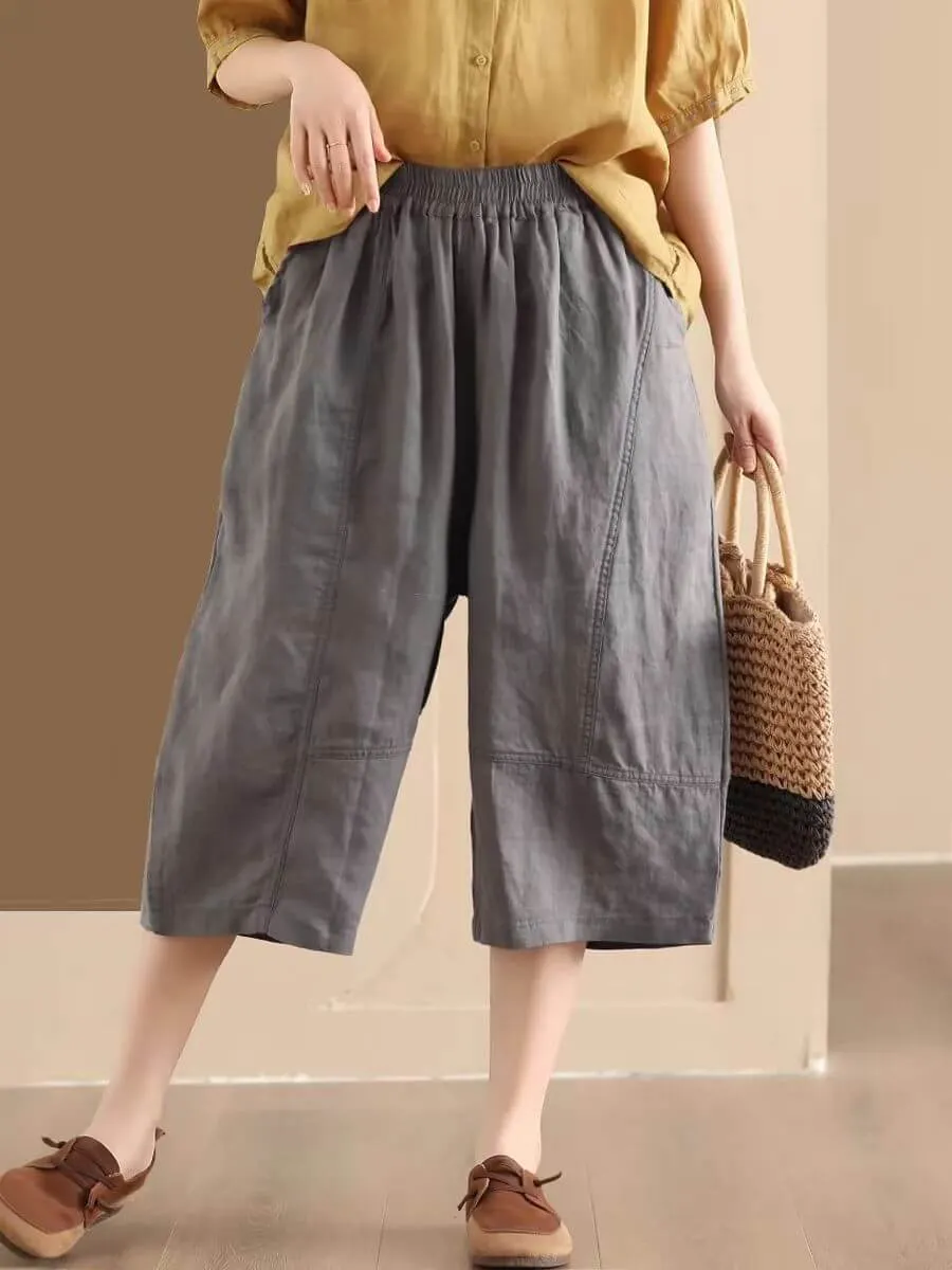 Maxct Women Summer Vintage Ramie Casual Cropped Pants