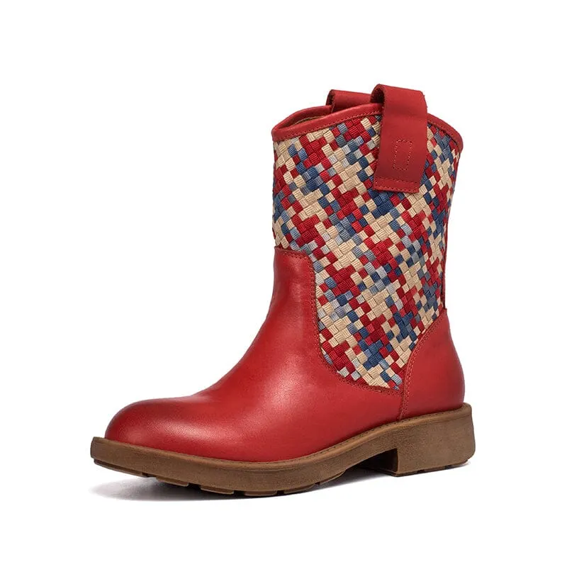 Woven Boots Mid Calf Color Blocking Design Cowgirl Boots Maxct