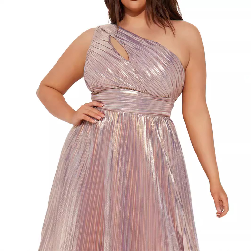 Maxct Fall 2024 New Women's One Shoulder High Waist Side Zipper Pleated Large Swing Skirt Party Dress - Image 5