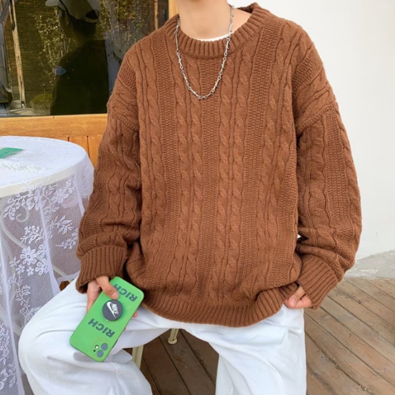 Pullover sweater men autumn winter pure color simple retro crewneck sweater lazy wind twist thread coat
