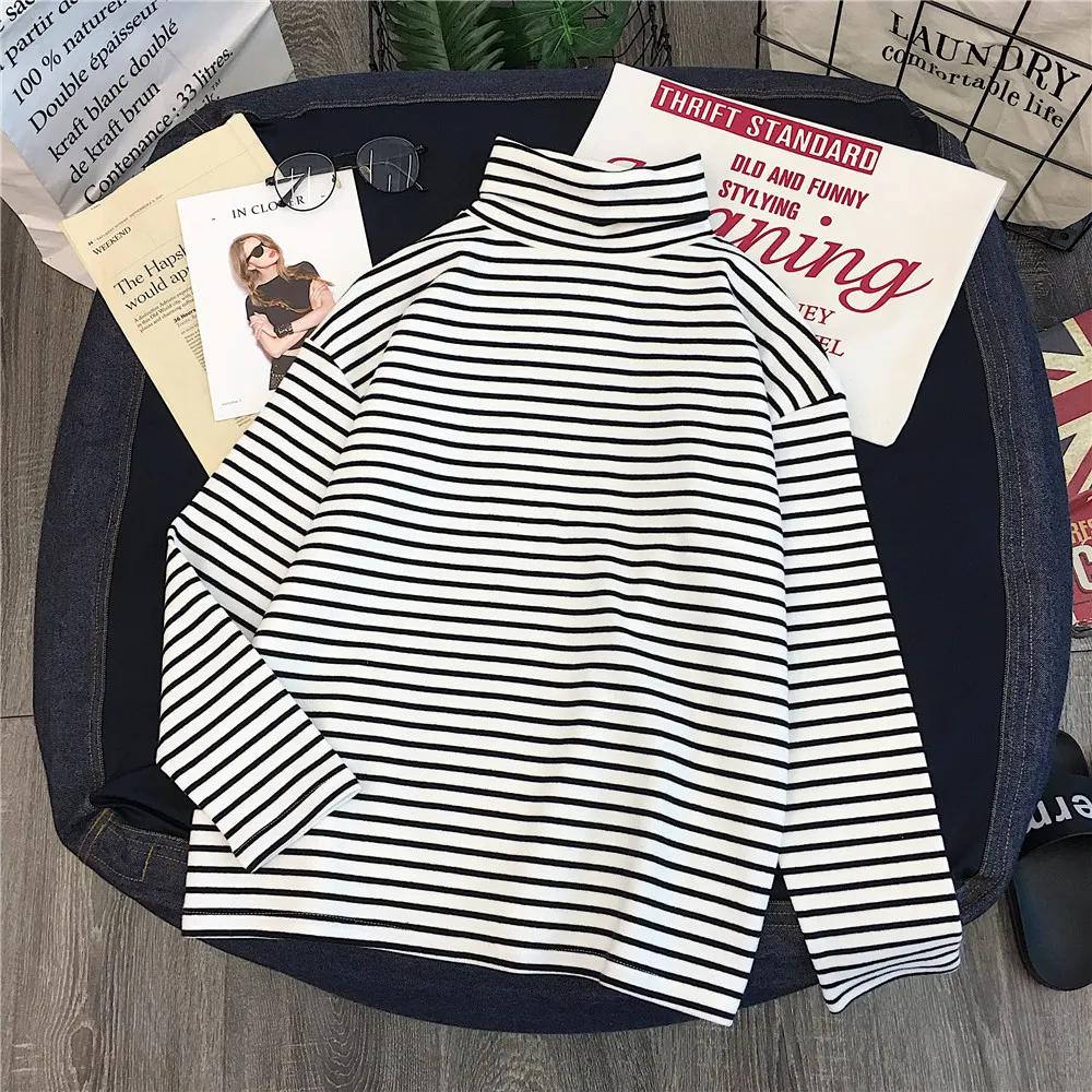 Maxct Long Sleeve T-shirts Women Striped Tshirts All-match Loose Basic Tops Leisure Korean Style Mujer Fashion Clothing Ins