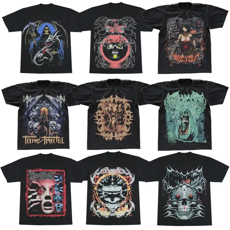 Maxct 90s Streetwear Gothic Streetwear T Shirts Men Harajuku Retro Print Pattern Oversized Tshirt Y2K Punk Skull Demon Graphic Short Sleeved Tops