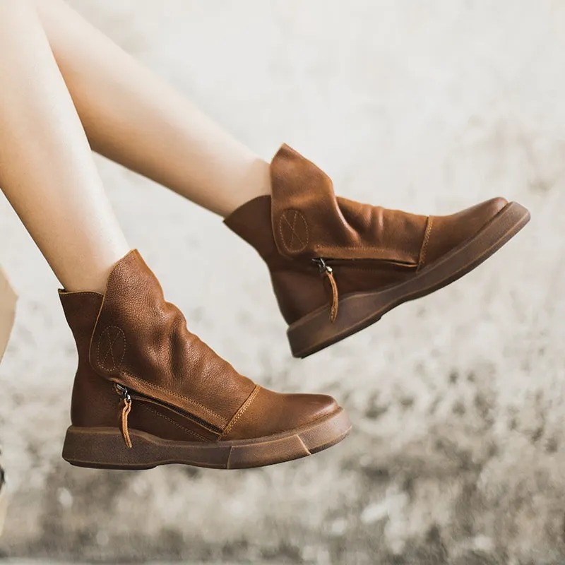 Soft Cowhide Retro Chunky Ankle Boots Black/Coffee Maxct