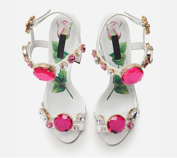 White Fish Mouth Gemstone Thick Heel Sandals Maxct