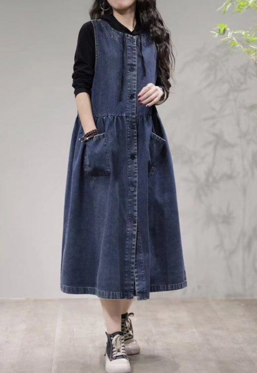 Casual Fashion Ruched Pockets Sleeveless Denim Midi Dresses