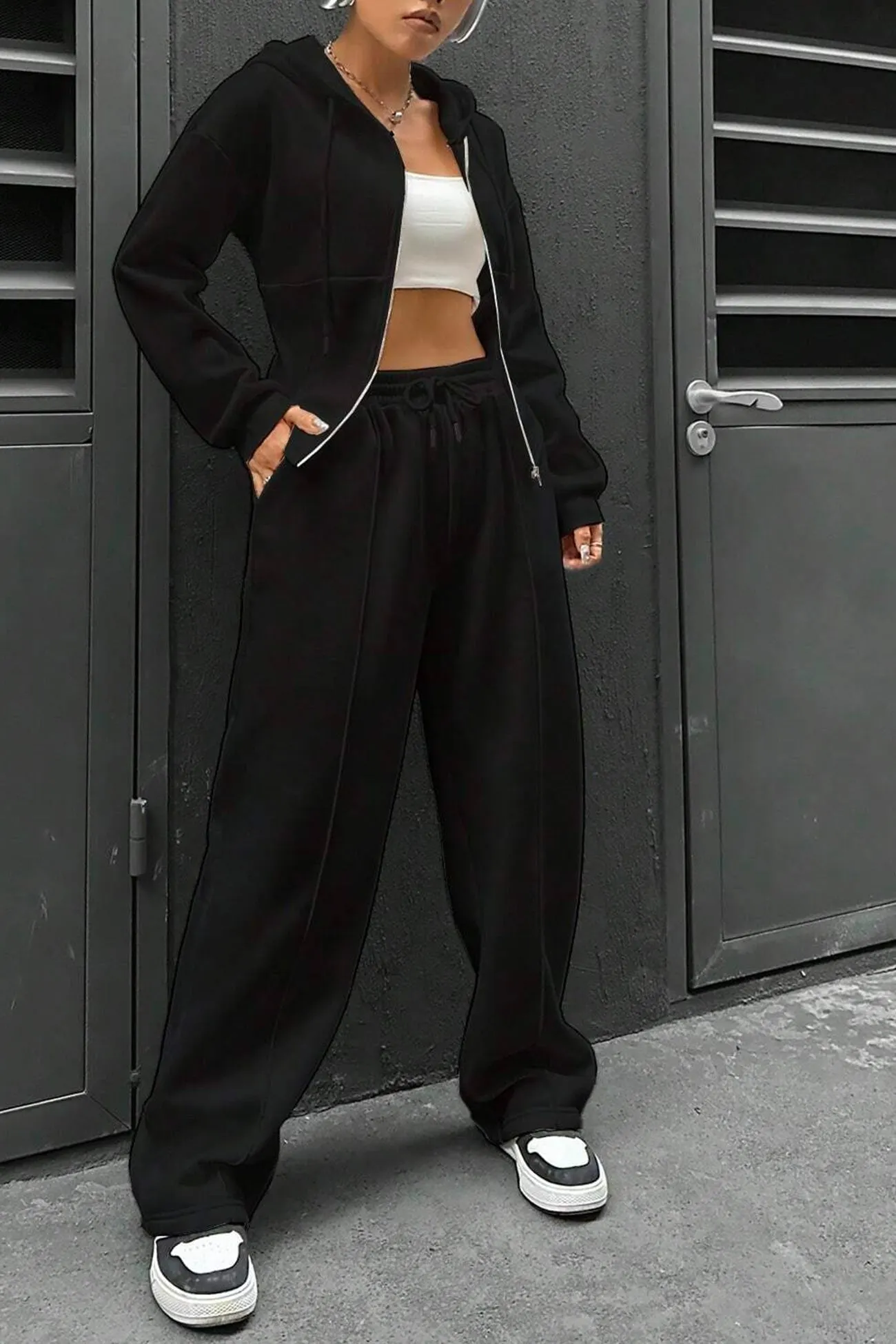 Maxct Solid Slim Fit Hoodie Pants Suits