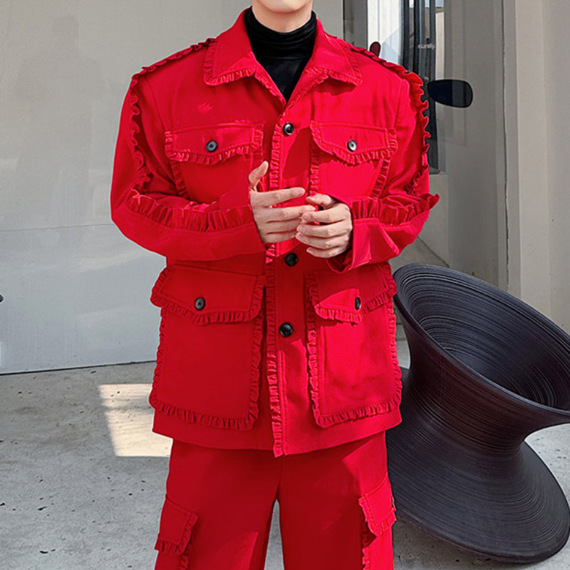 Maxct Red Suit Multi-pocket Jacket Wide-leg Trousers Two-piece Set