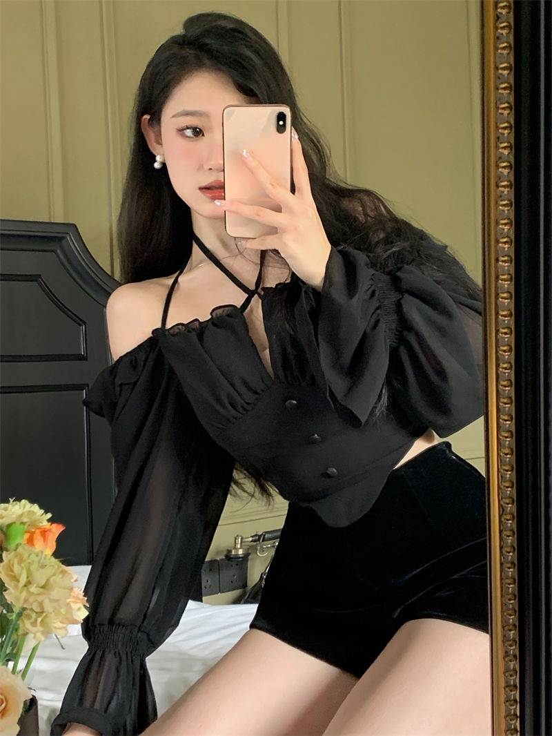 Shirts Blouses Spring Autumn Halter Off Shoulder Ruffles Patchwork Blusa Feminina Vintage Elegant Sexy Camisas De Mujer