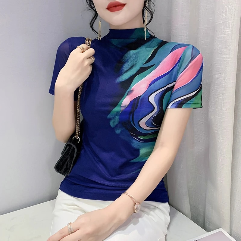 Maxct Summer Women Half Turtleneck Short Sleeve T Shirts Lady Elastic Tops Tees Female Basic Fashion Printing Mesh T-Shirt