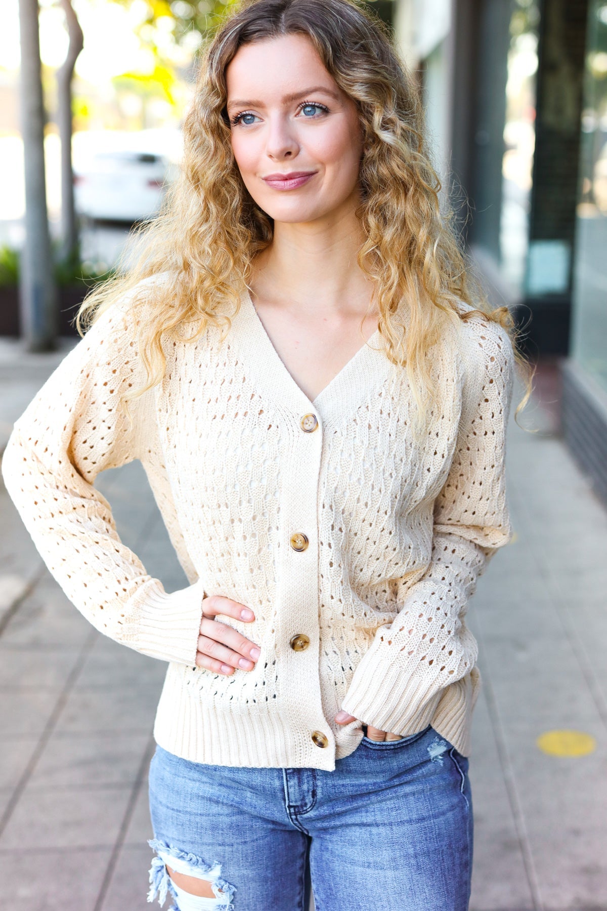 Maxct &Follow Me Oatmeal Pointelle Knit Button Down Cardigan