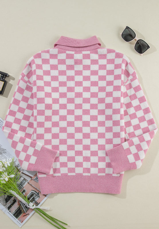 Maxct &Checkered Collared Neck Long Sleeve Sweater