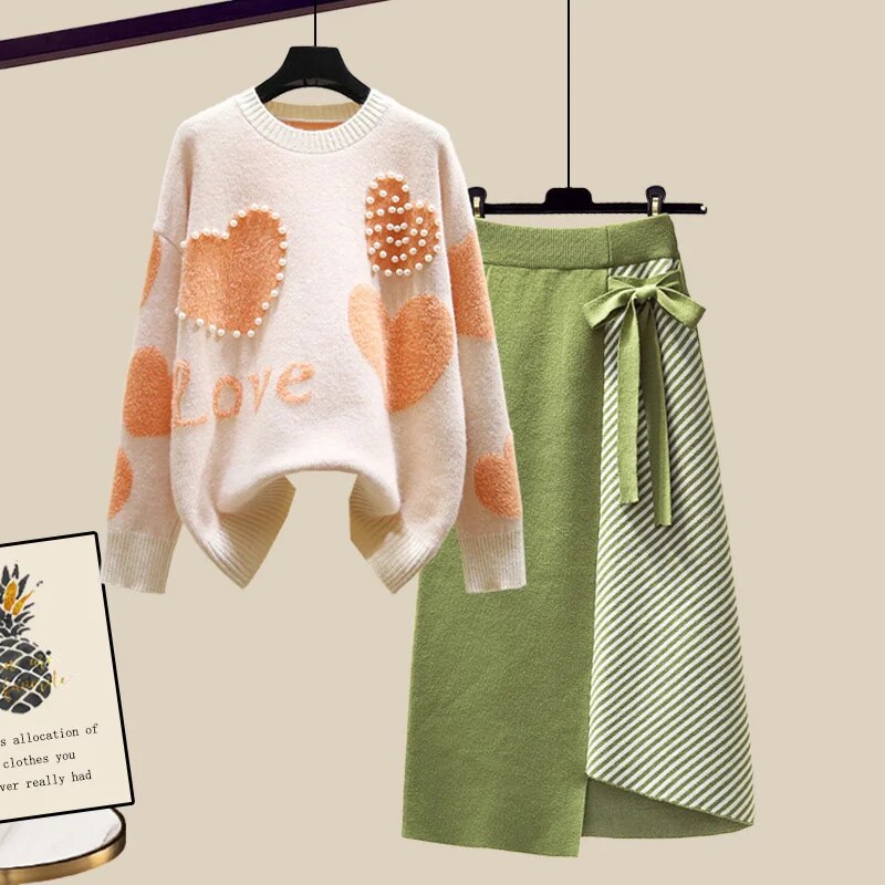 Maxct Lazy Sweater Two Piece set Women Sweet Heart-shaped beaded Pullover Jumper Top + Irregular Striped Skirt Knit 2PCS Sets